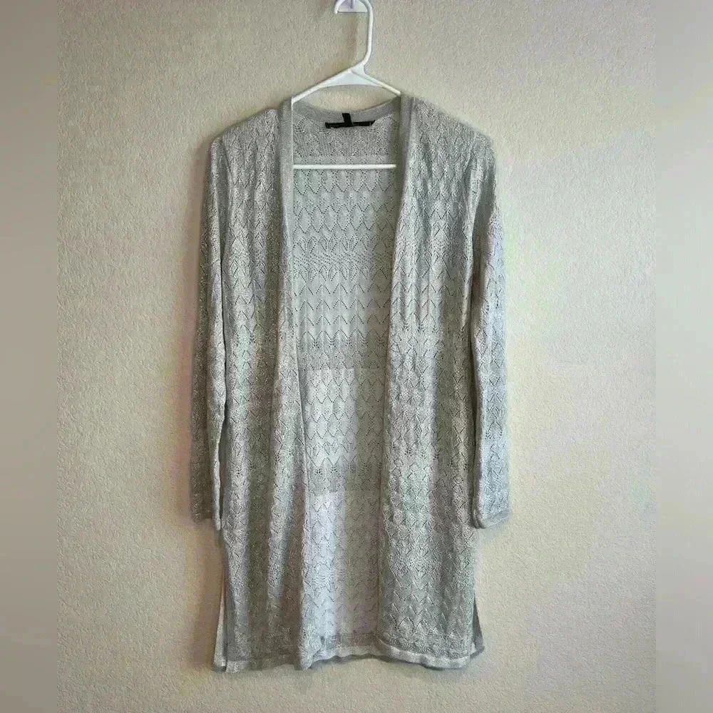 White House Black Market XS Cardigan Sweater Silver Long Duster Croche